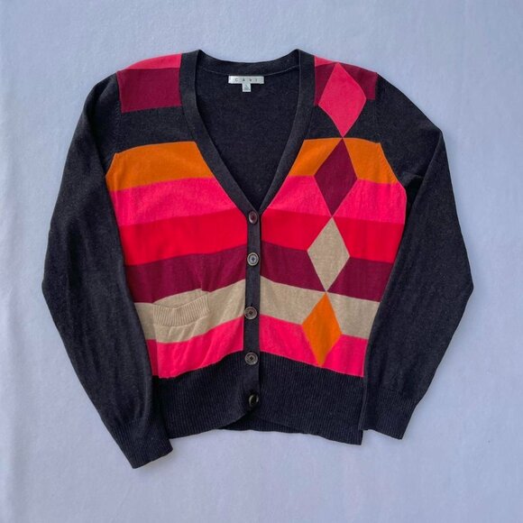CAbi Colorblock Mod Charcoal Gray Pink Orange Argyle Striped Cardigan Size L - Picture 1 of 6